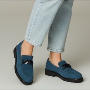 Memphisto Peacock Blue Velvet Leather SALKA Slip-On Loafers with Lug Sole